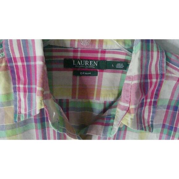 LRL Lauren Denim Pastel Plaid Button-Up Shirt Size Large Lightweight Pockets - Picture 4 of 8